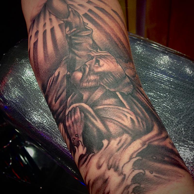 Black and Grey Religious Forearm piece, St. Peter. by Alex Moreno